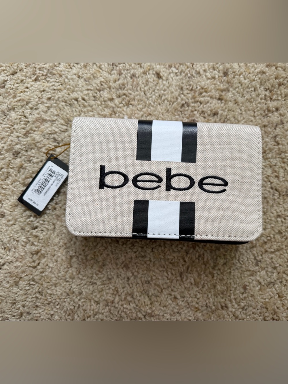 bebe Beige Canvas Wallet with Black & White Stripes